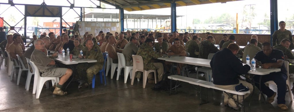 Members of the Australian Defence Force 3rd Combat Engineering Regiment hearing about Femili PNG's work, at Igam Barracks in Lae