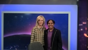 Denga with Beverley O'Connor on the set of ABC's The World.